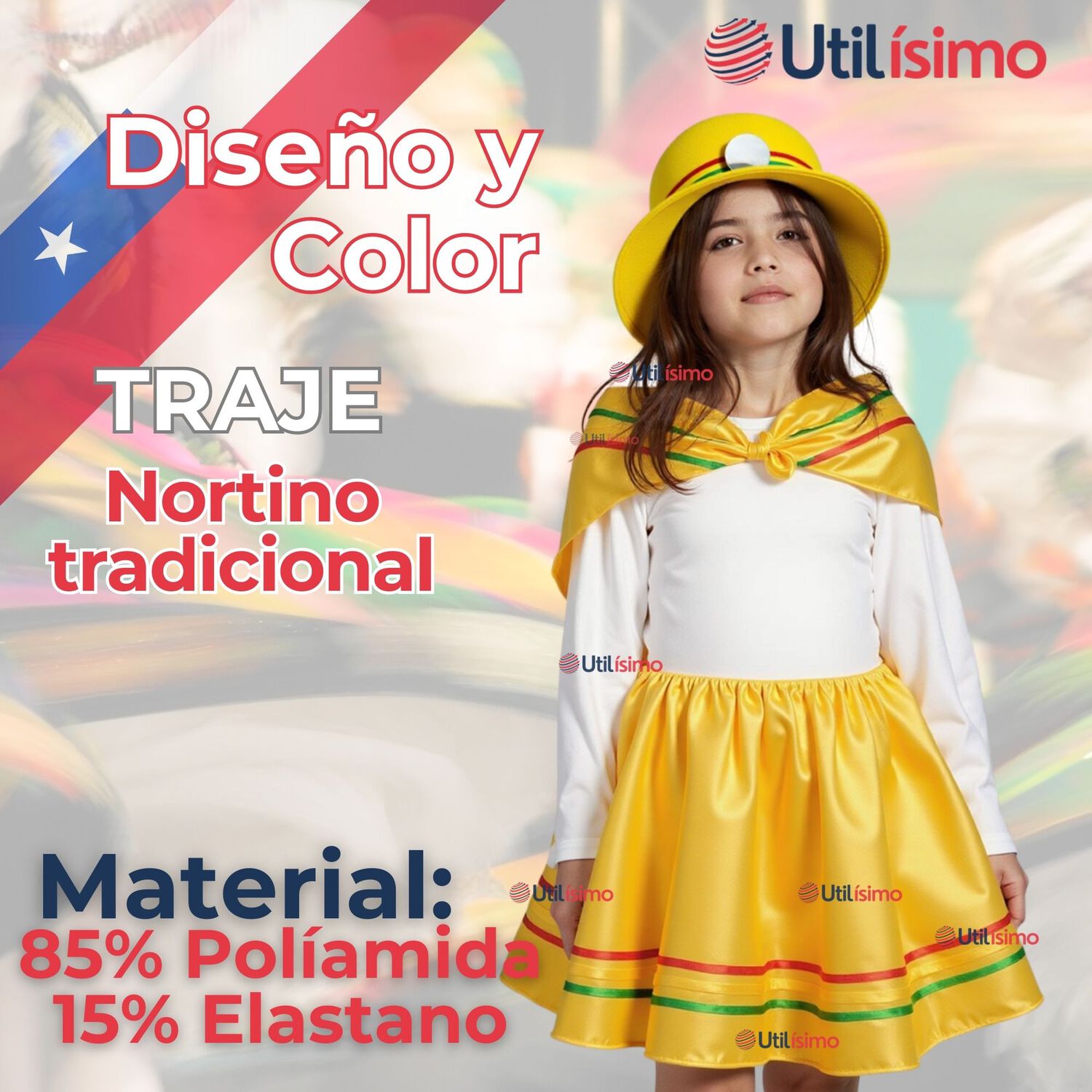 Traje Nortino Ni&ntilde;a 4 Piezas Fiestas Patrias Baile Nortino Amarillo image number 4.0