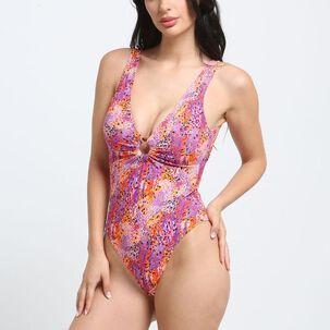 Traje De Baño Detalle Circular Estampado Naranja