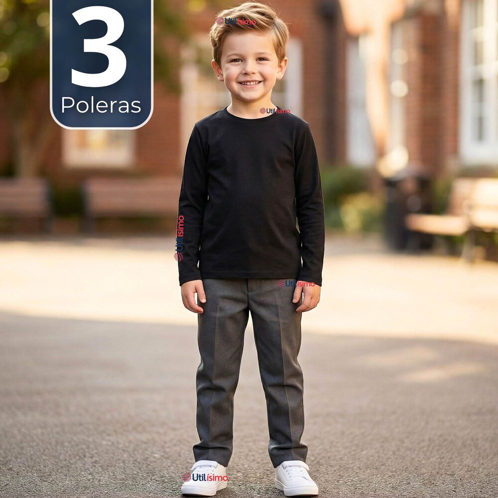 Pack 3 Poleras Camisetas Polar Negra Primera Capa Escolar Cuello Redondo Manga Larga Ni&ntilde;o image number 0.0