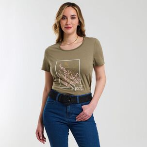 Polera Lisa Estampado Delantero Manga Corta Cuello Redondo Mujer Geeps