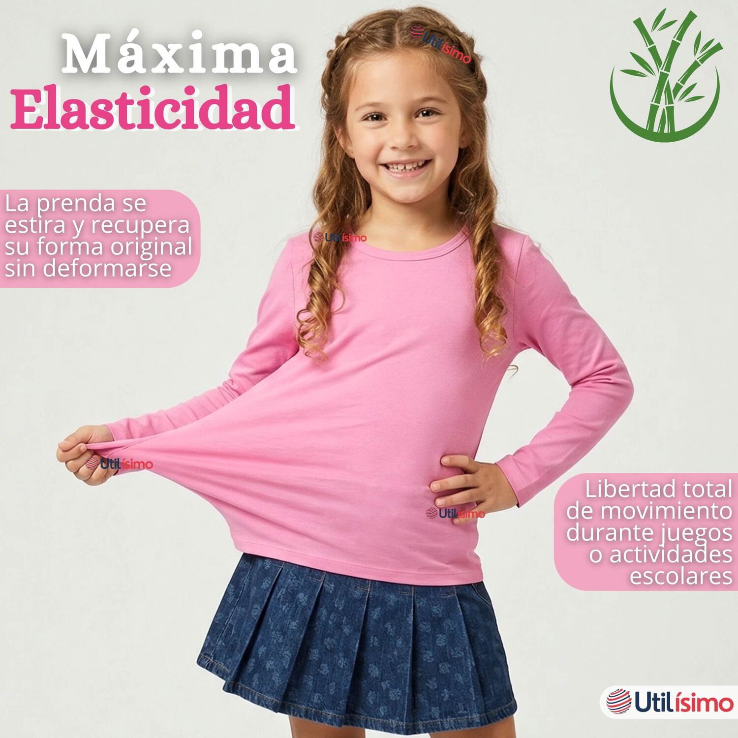 Camiseta Polera Bamb&uacute; Cuello Redondo Rosado Oscuro Primera Capa Manga Larga Ni&ntilde;a image number 5.0