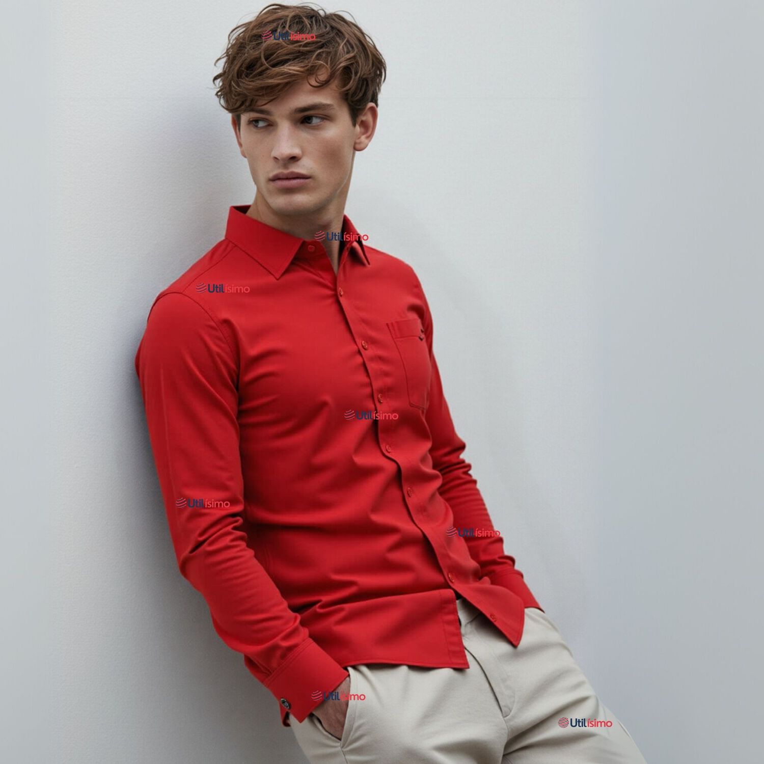 Camisa Casual De Vestir Manga Larga Cuello Americano 100% Algod&oacute;n Rojo image number 0.0