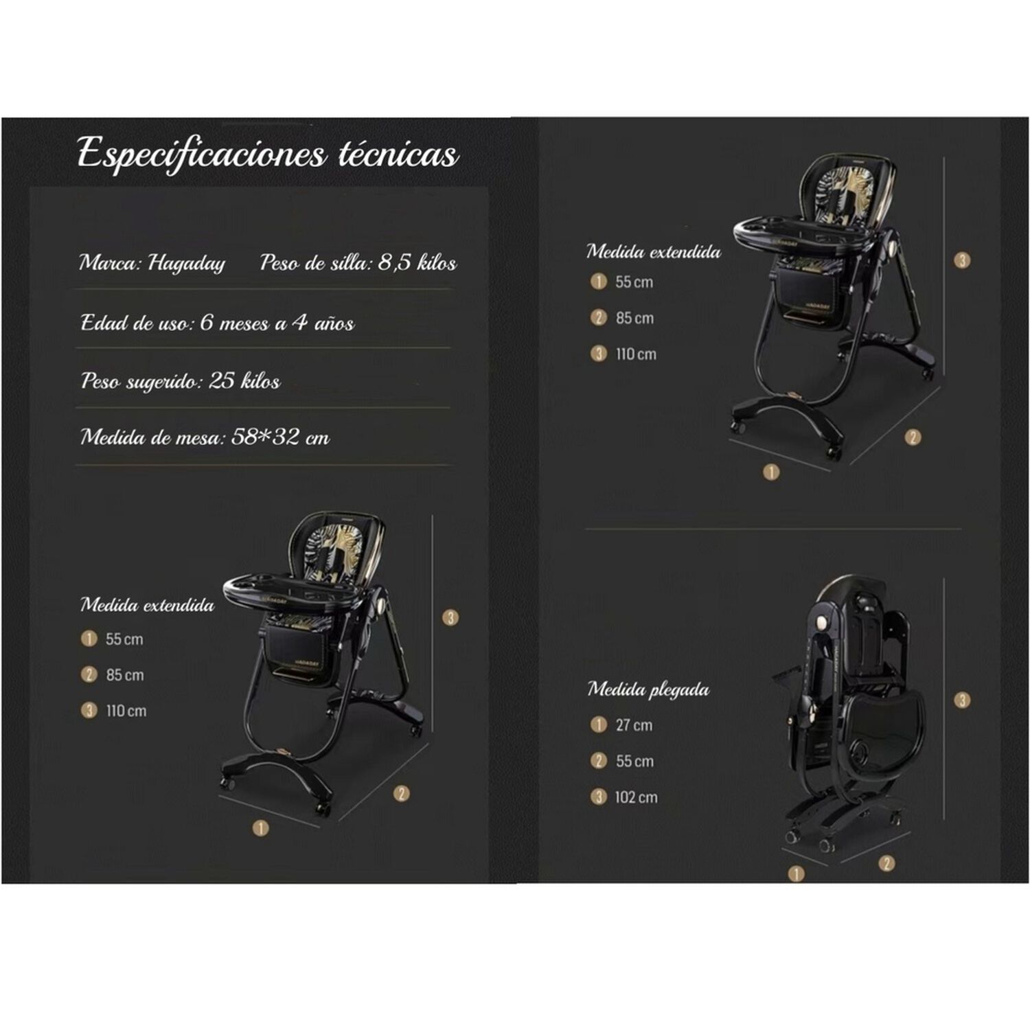 Silla De Comer Lujosa Reclinable Hagaday Negra Lubabycas image number 2.0