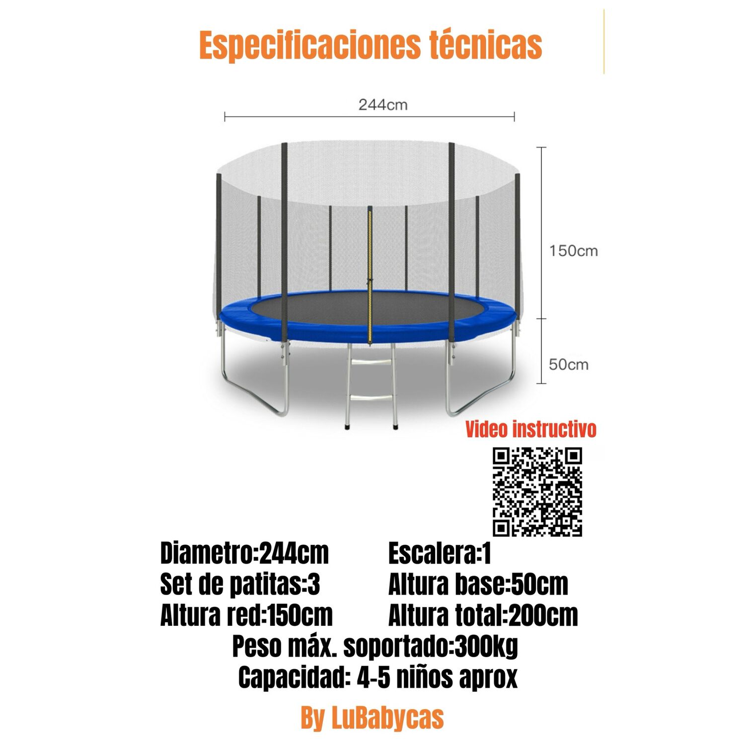 Cama El&aacute;stica Trampoline 244cm Escalera Andes By Lubabycas image number 7.0