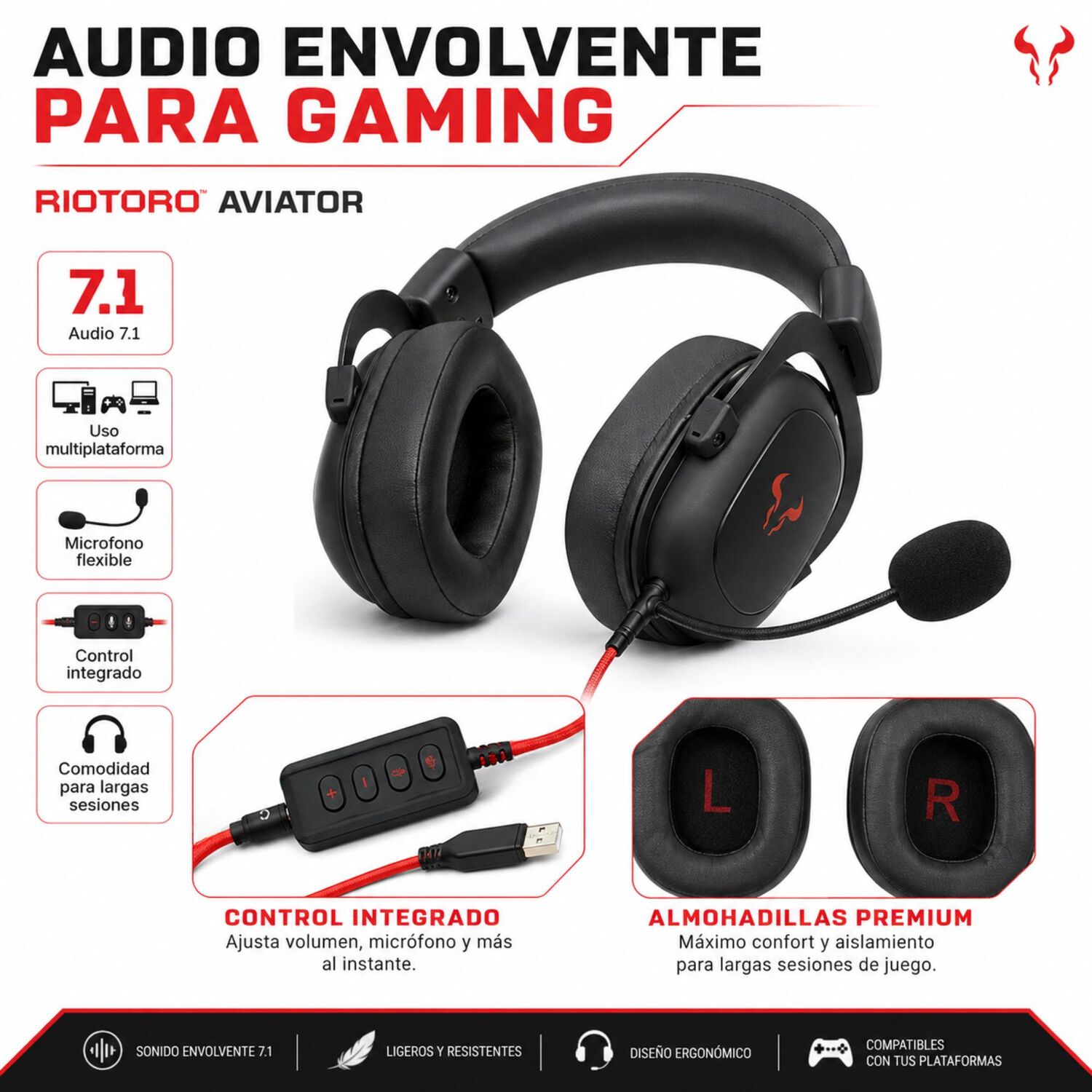 Audifonos Gamer Riotoro Aviator Multiplataforma Audio 7.1 image number 6.0