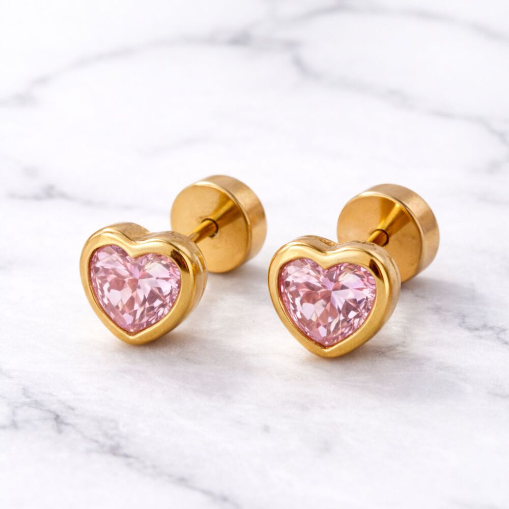 Aros Abridores Coraz&oacute;n 5mm N2 Oro 18k Circ&oacute;n Rosado A Presi&oacute;n Beb&eacute; Ni&ntilde;a Segundo Hoyo image number 1.0