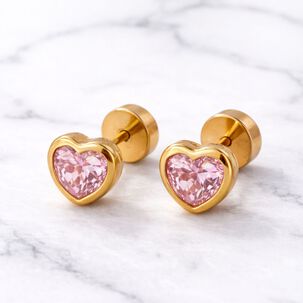 Aros Abridores Coraz&oacute;n 5mm N2 Oro 18k Circ&oacute;n Rosado A Presi&oacute;n Beb&eacute; Ni&ntilde;a Segundo Hoyo