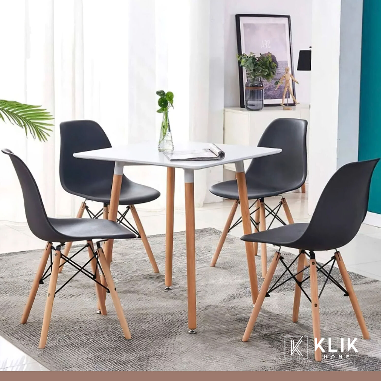 Comedor Mesa Eames Cuadrada Blanca + 4 Sillas Eames Negras image number 1.0