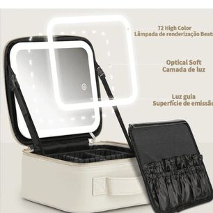 Cosmetiquero Organizador Port&aacute;til Con Espejo Luz Led Color Beige.