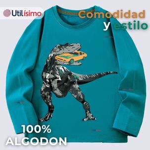 Polera Manga Larga Ni&ntilde;o 100% Algod&oacute;n Dinosaurio Verde Camiseta