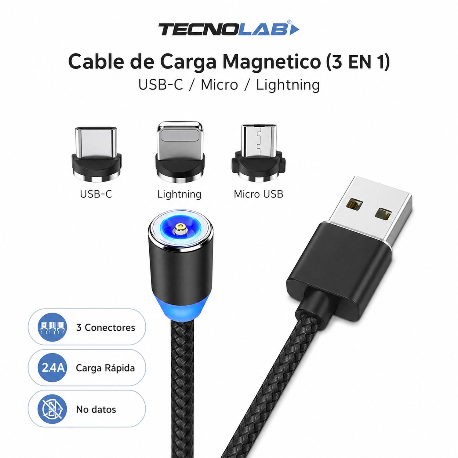 Cable De Carga Magnetico (3 En 1) Usb-c / Micro / Lightning image number 6.0