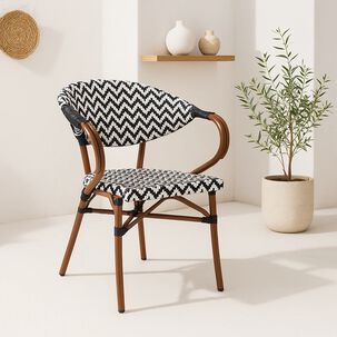 Silla Bistro Parisina Rattan Con Reposabrazos - Blanca Con Negro