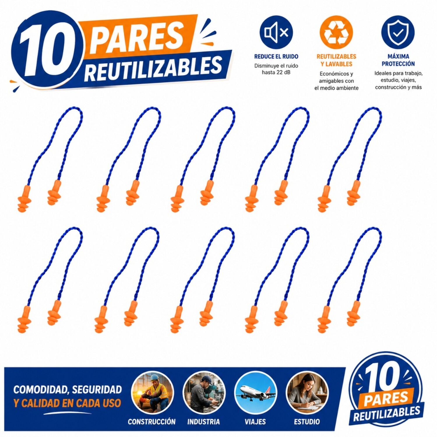 Tapon Auditivo Daumer Reutilizable (10 Pares) Con Cordon image number 2.0