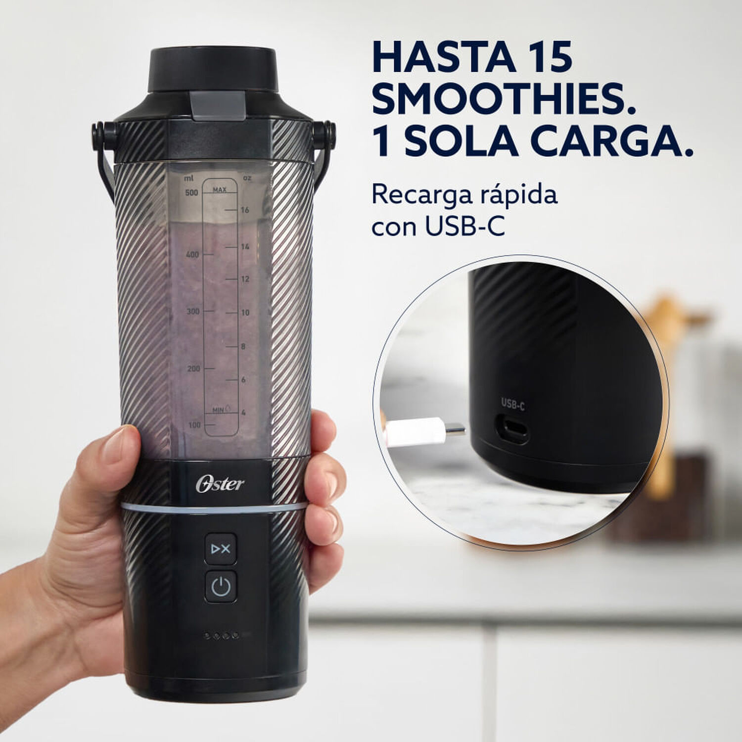 Licuadora Port&aacute;til Mini Juguera Recargable Usb Gomax 590 Ml Oster Negra image number 3.0