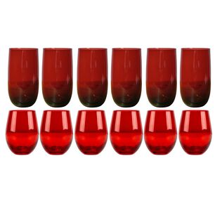 Set 12 Vasos Vidrio Altos Y Bajos Full Color Rojo Allegra