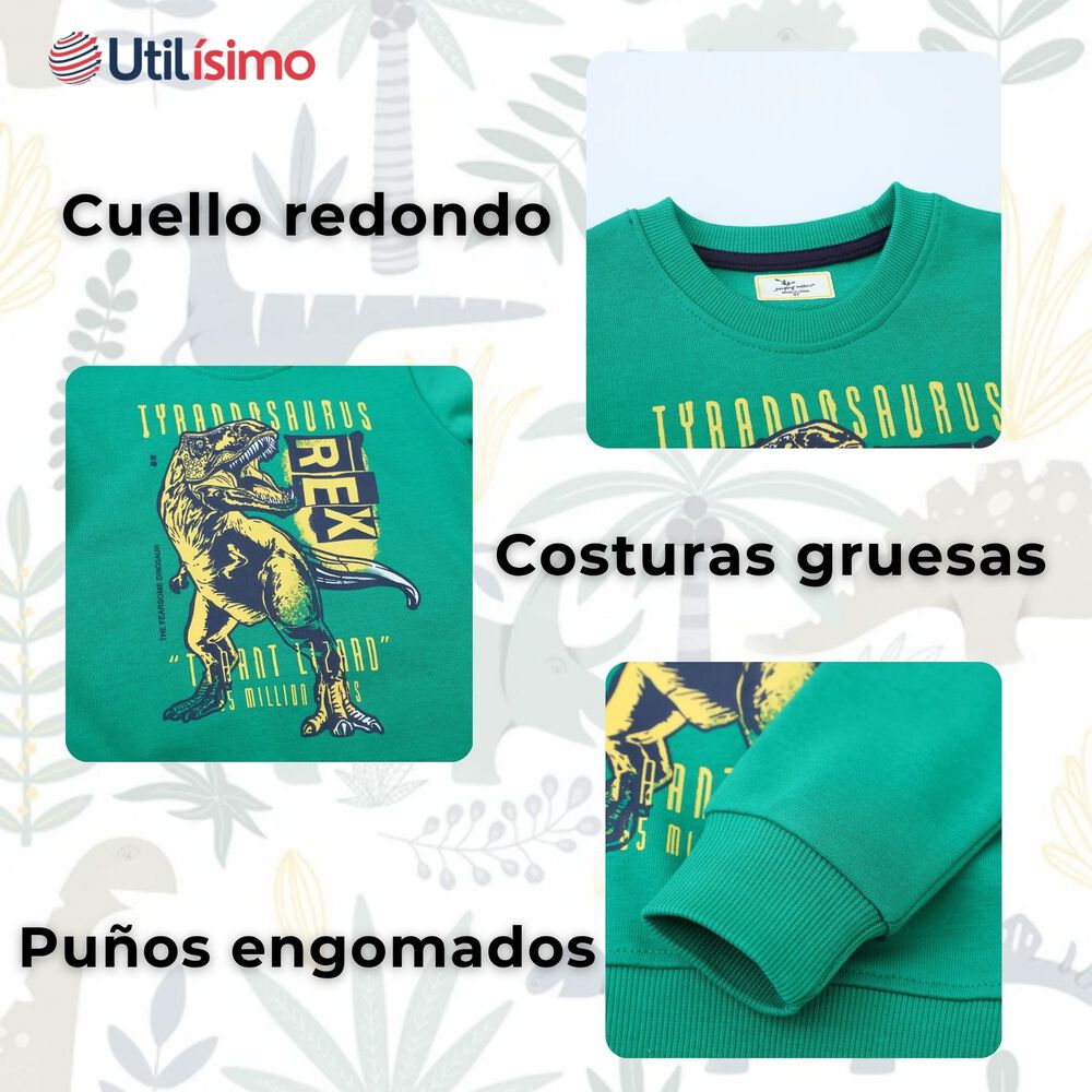 Poler&oacute;n Ni&ntilde;o Manga Larga 100% Algod&oacute;n Verde Dinosaurio image number 3.0
