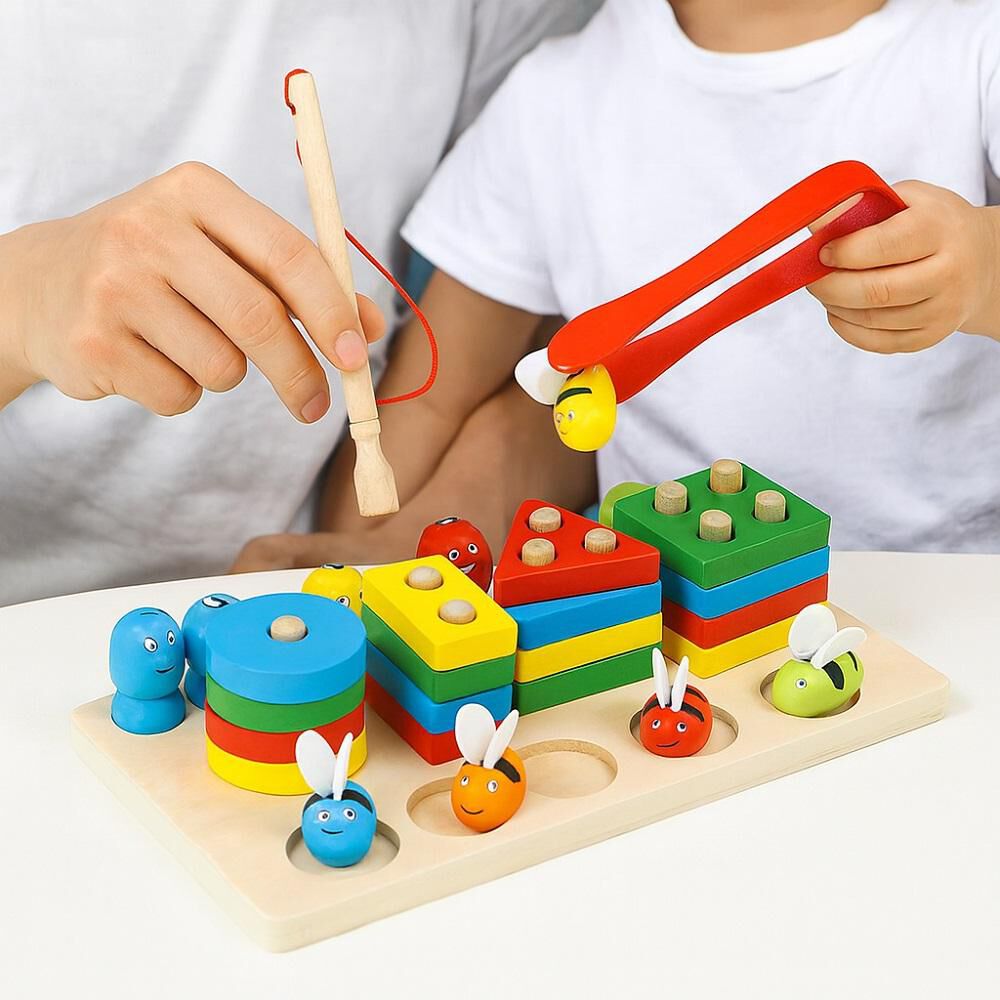 Juego De Madera 3x1 Motricidad Fina Encaje Pesca Y Abejas Montessori image number 1.0