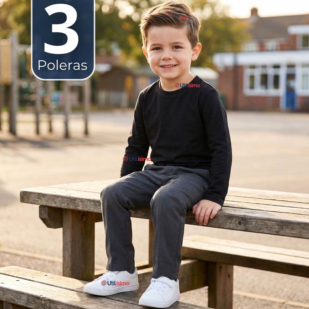 Pack 3 Poleras Camisetas Polar Negra Primera Capa Escolar Cuello Redondo Manga Larga Ni&ntilde;o image number 0.0