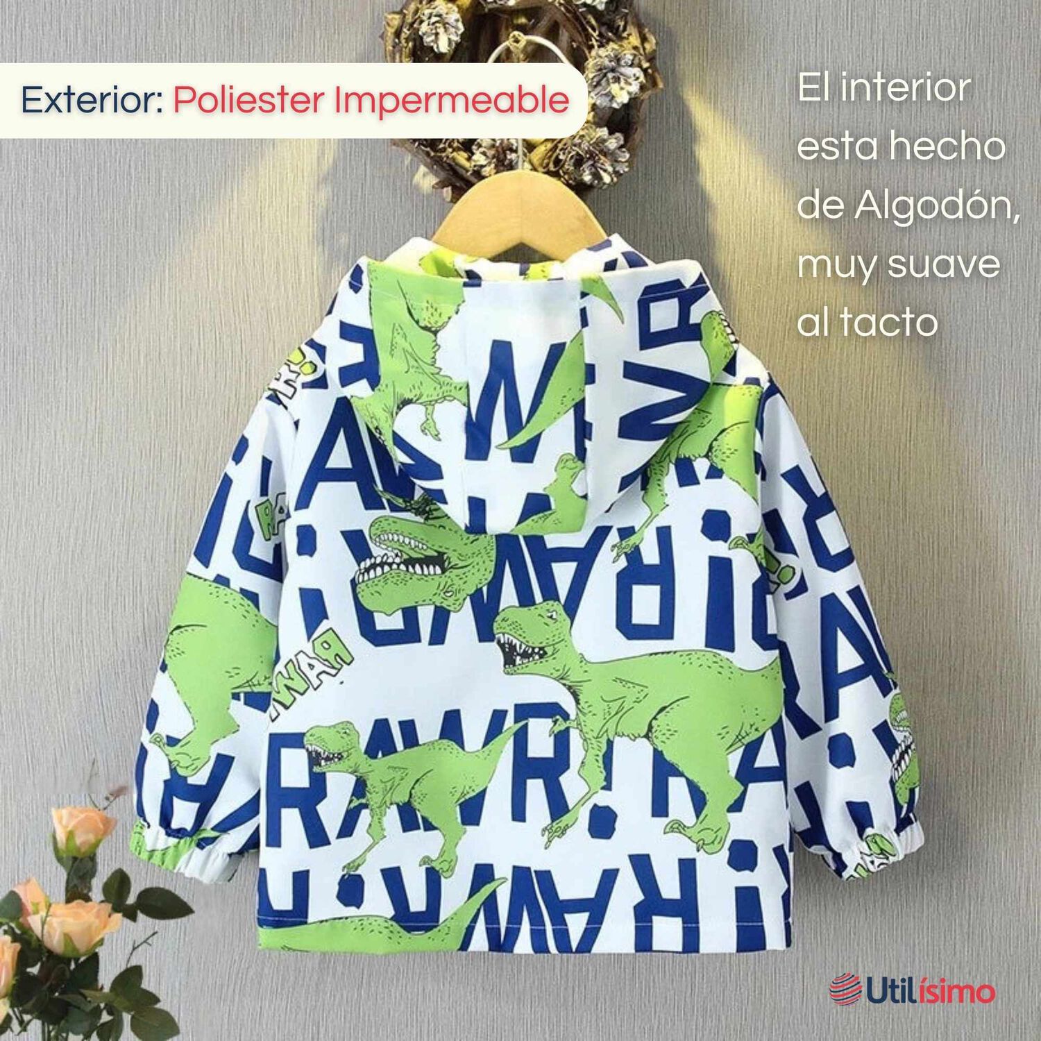 Cortaviento Impermeable Chaqueta Estampado Ni&ntilde;o Y Beb&eacute; Rawr Dinosaur image number 1.0