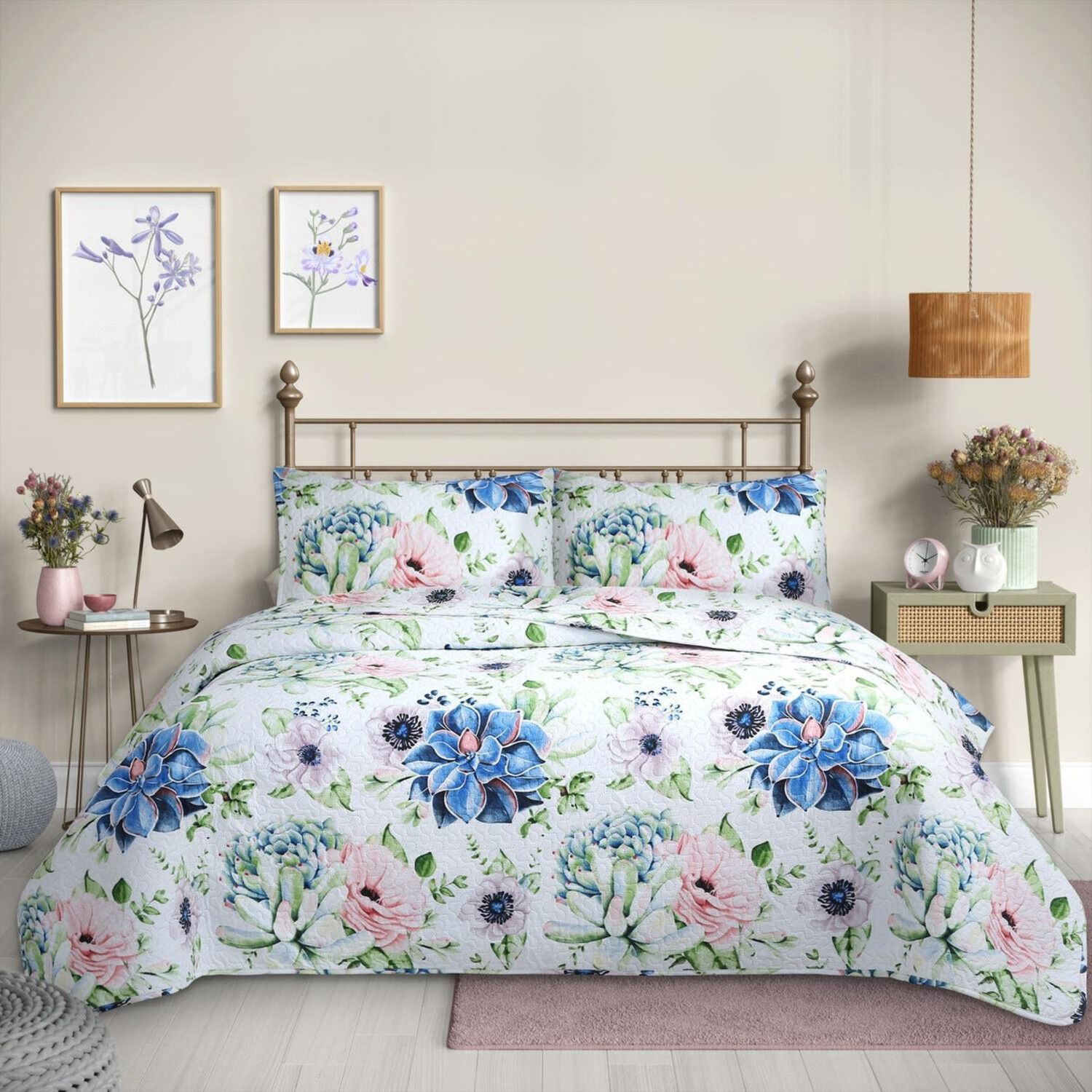 Cubrecama Quilt Reversible 1,5 Plazas Estampado Suculenta - Flowers Collection Martin&eacute; image number 0.0