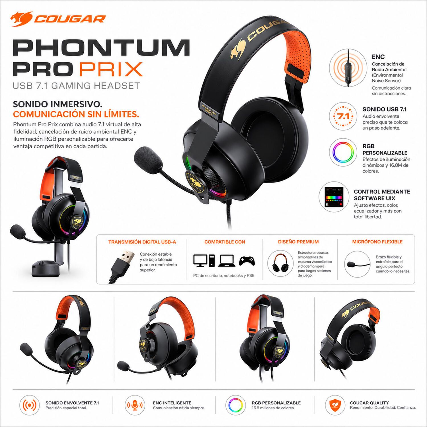 Audifonos Cougar Phontum Pro Prix Usb 7.1 Multiplataformas image number 7.0