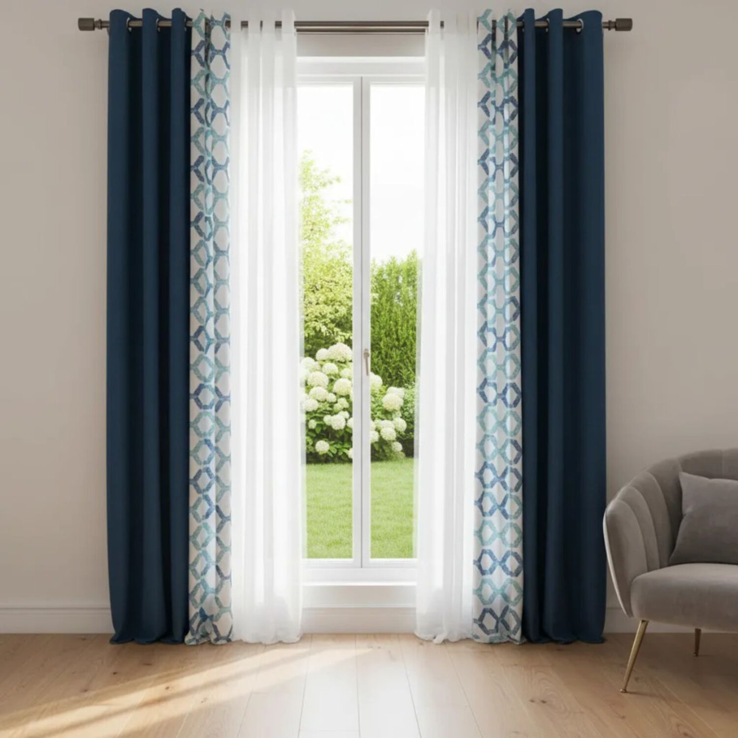 Set De Cortinas Lino Combinadas Azul + Visillos 4 Pa&ntilde;os image number 4.0