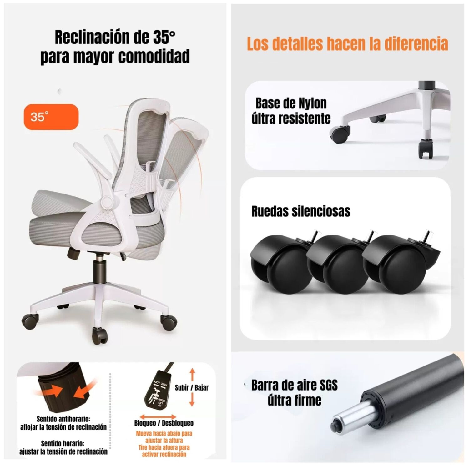 Silla Escritorio Oficina Reposacabezas Reclinable W807 Negra image number 6.0