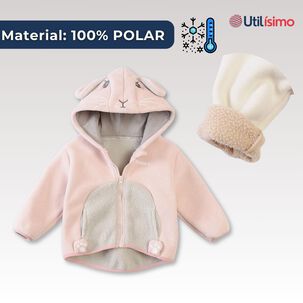 Chaqueta Polar Manga Larga Con Capucha Ni&ntilde;a Rosa Conejo