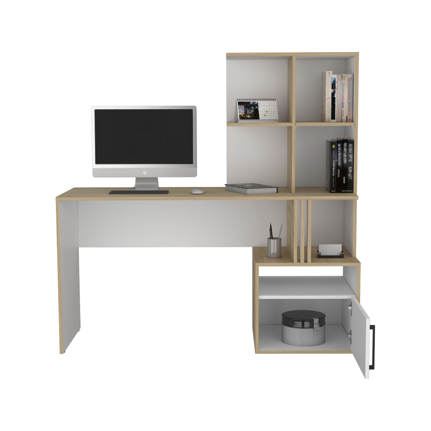 Escritorio Con Biblioteca Incorporada 1 Puerta 140 Cm Blanco Y Caf&eacute; Claro image number 1.0