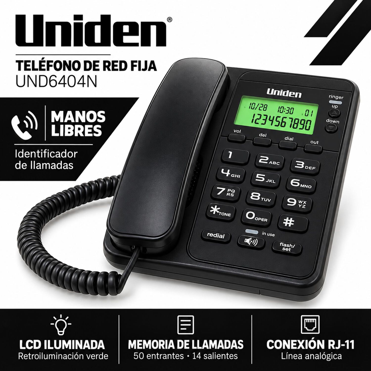 Tel&eacute;fono Uniden Und6404n Manos Libres Pantalla Lcd Negro image number 6.0