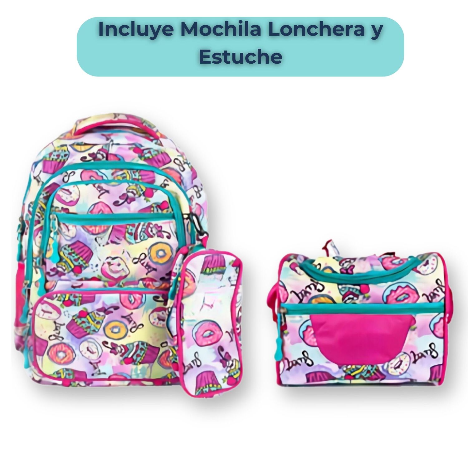 Pack Mochila Lonchera Estuche 45cm Juvenil Escolar Donuts image number 2.0