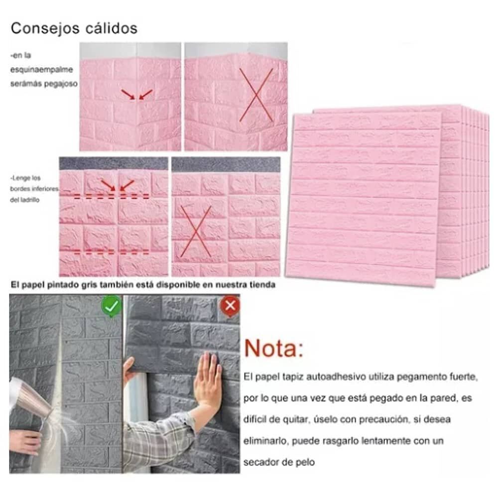 Pack 10 Lamina Papel Mural Autoadhesivo 3d Ladrillo Rosa image number 2.0