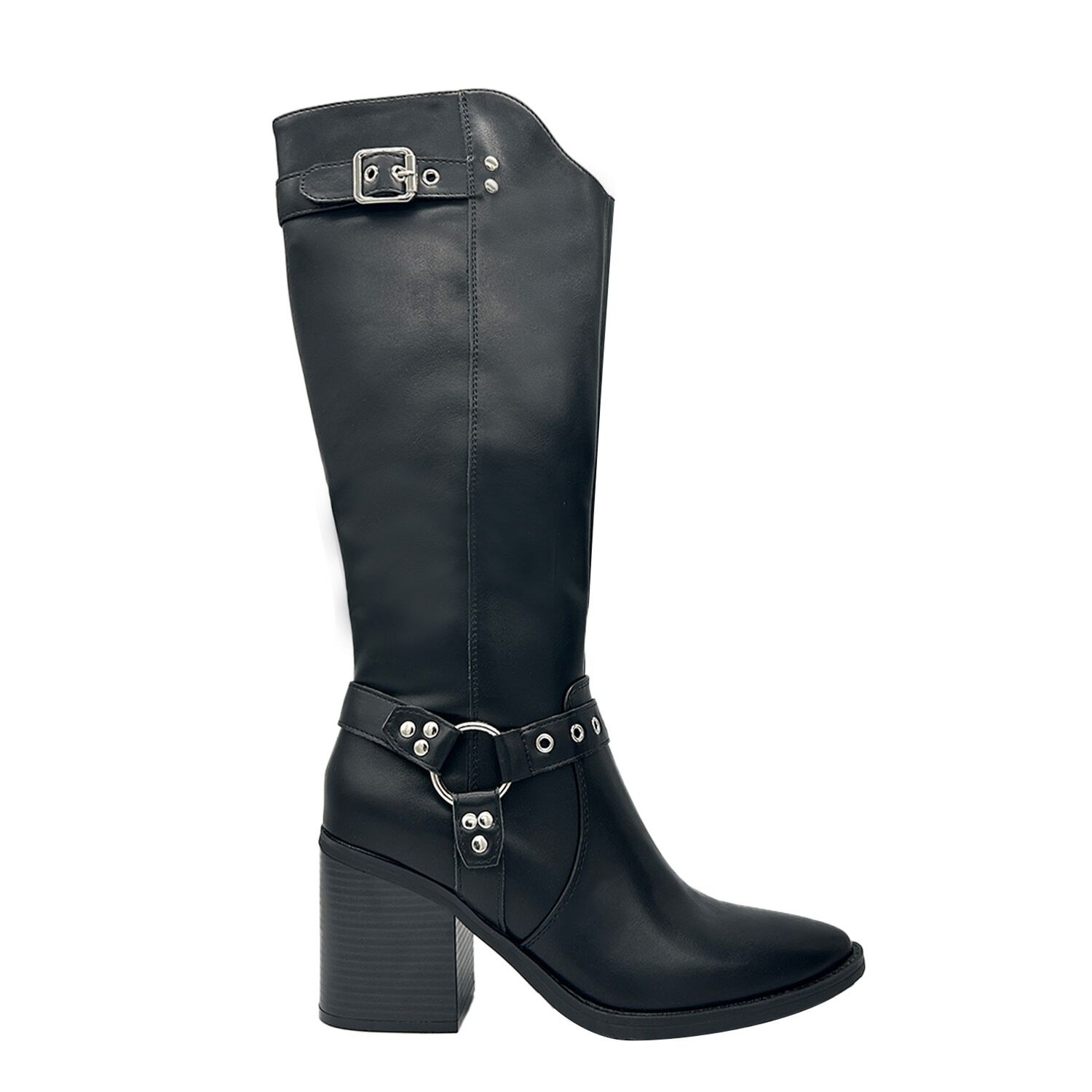 Bota De Mujer Color Negro Ca&ntilde;a Alta Con Hebilla Y Tachas image number 2.0