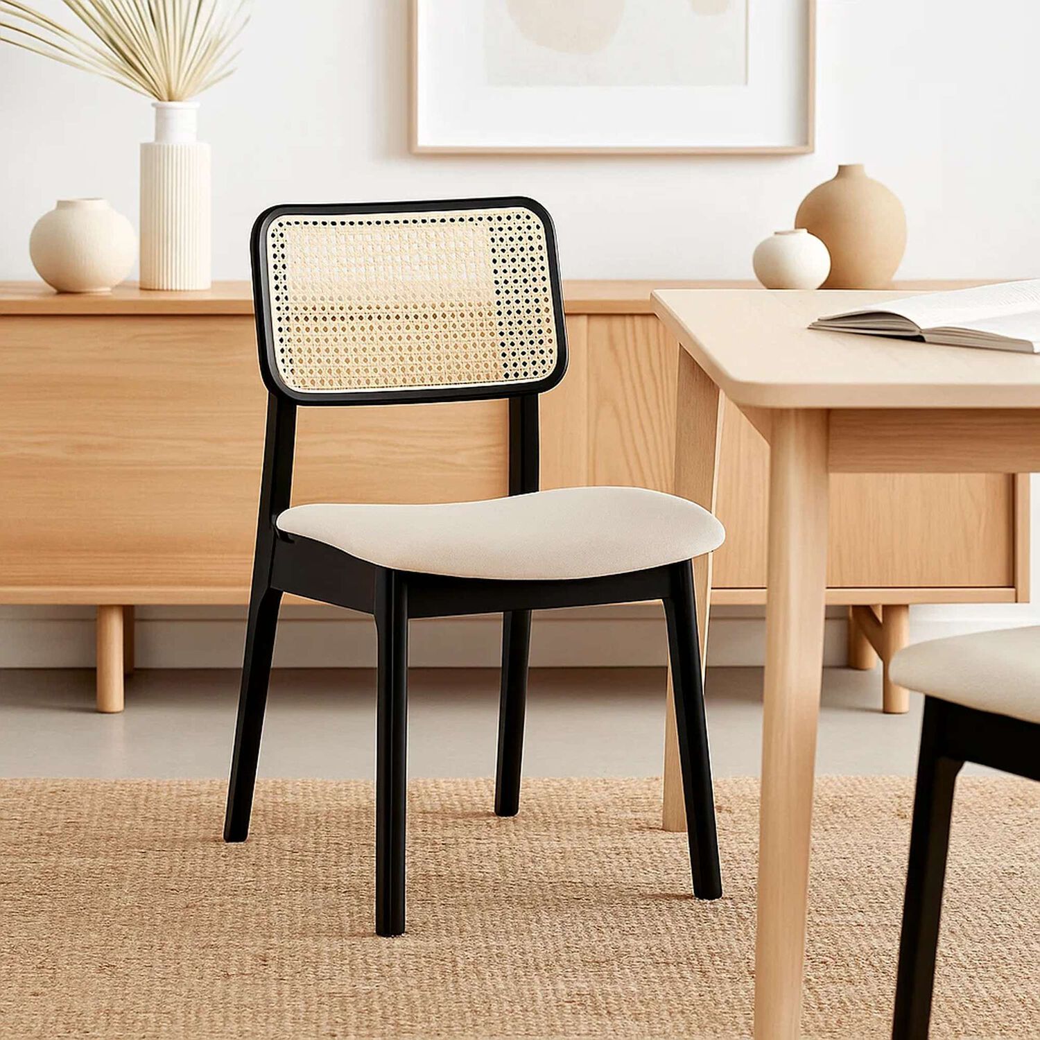 Silla De Comedor Con Respaldo De Rat&aacute;n Y Asiento Tapizado - Beige image number 2.0
