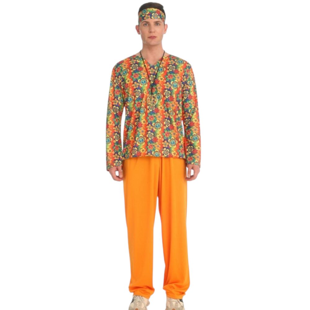 Disfraz Hippie Hombre Con Pantal&oacute;n Naranja Y Camisa Floreada Set Completo Para Fiestas Tem&aacute;ticas Y Disfraces Halloween image number 3.0