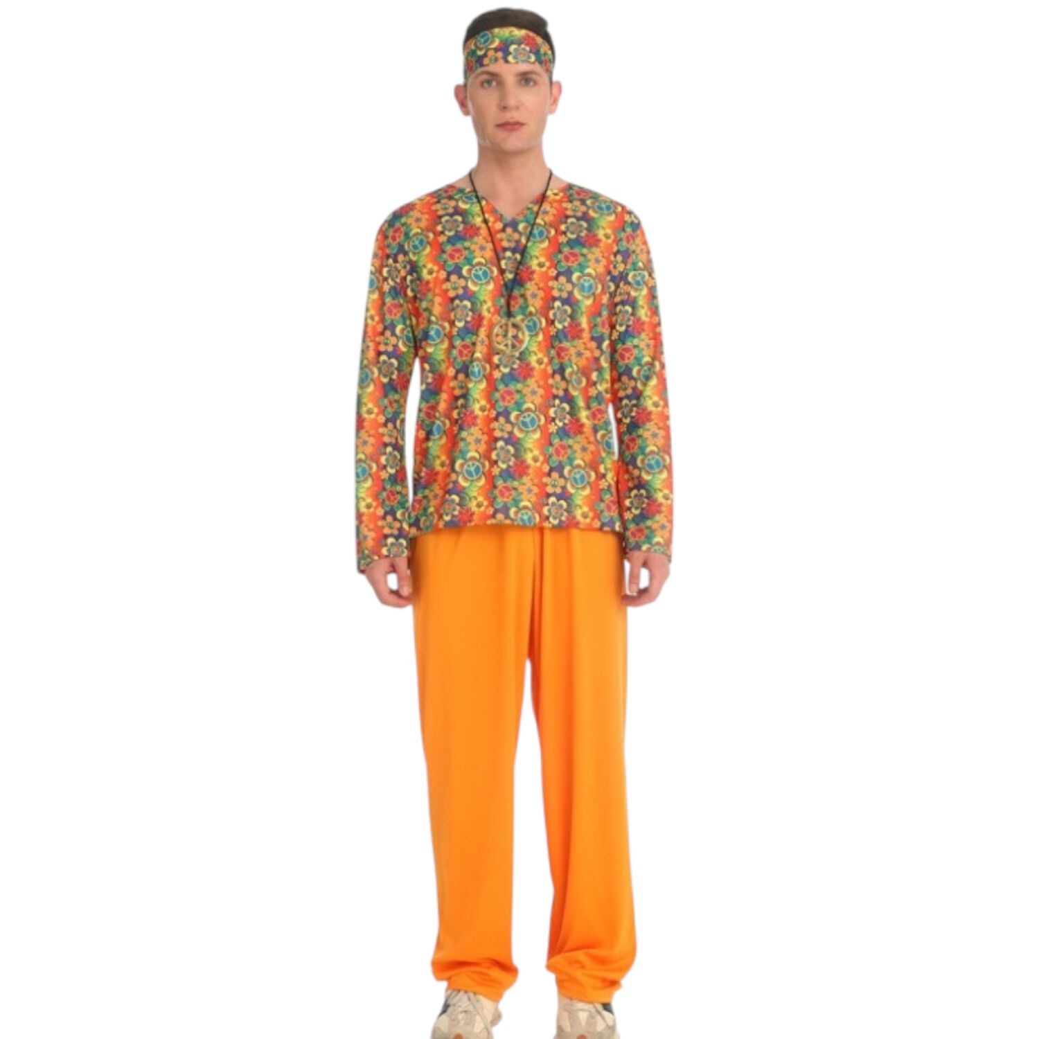 Disfraz Hippie Hombre Pantalon Naranja Camisa Floreada image number 3.0