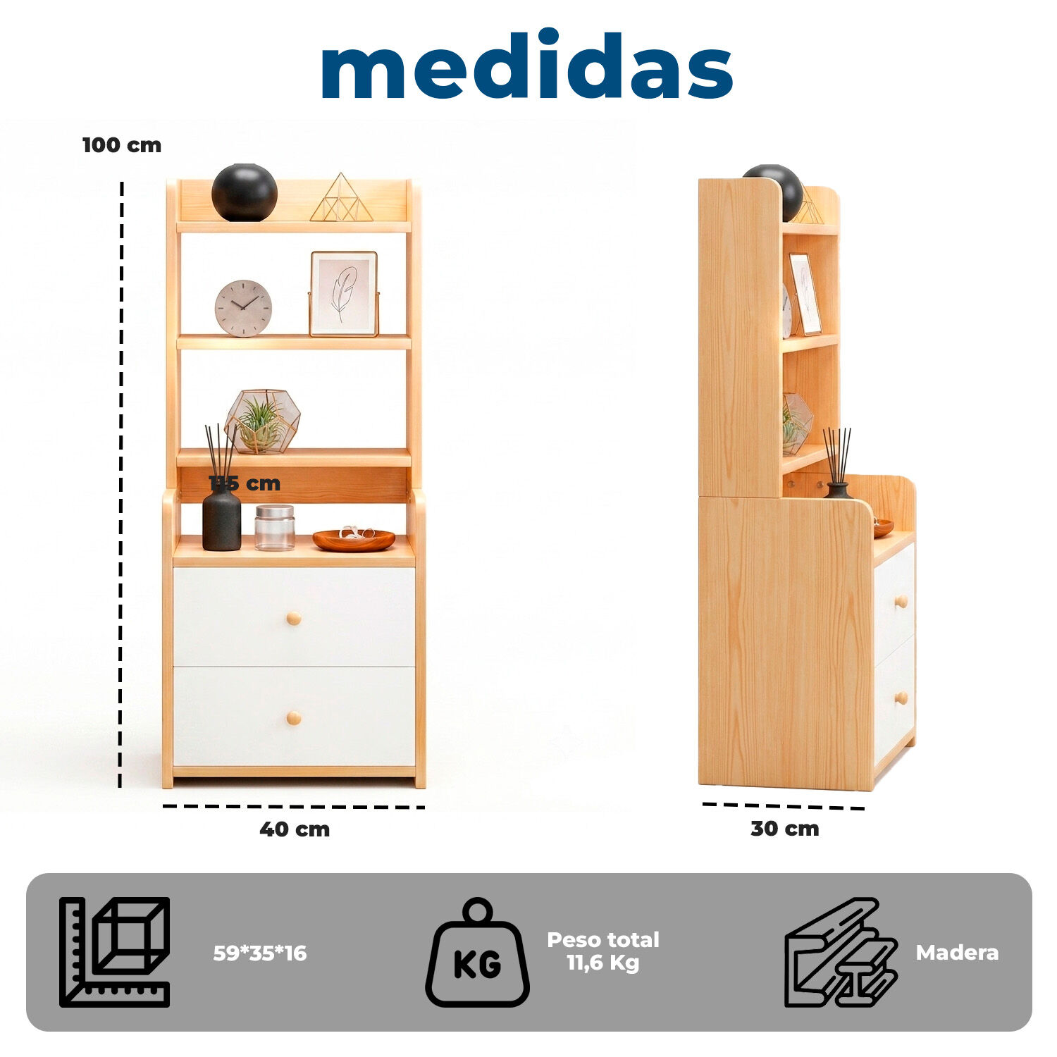 Velador Con Librero 2 Cajones Repisa Organizador Dormitorio image number 7.0