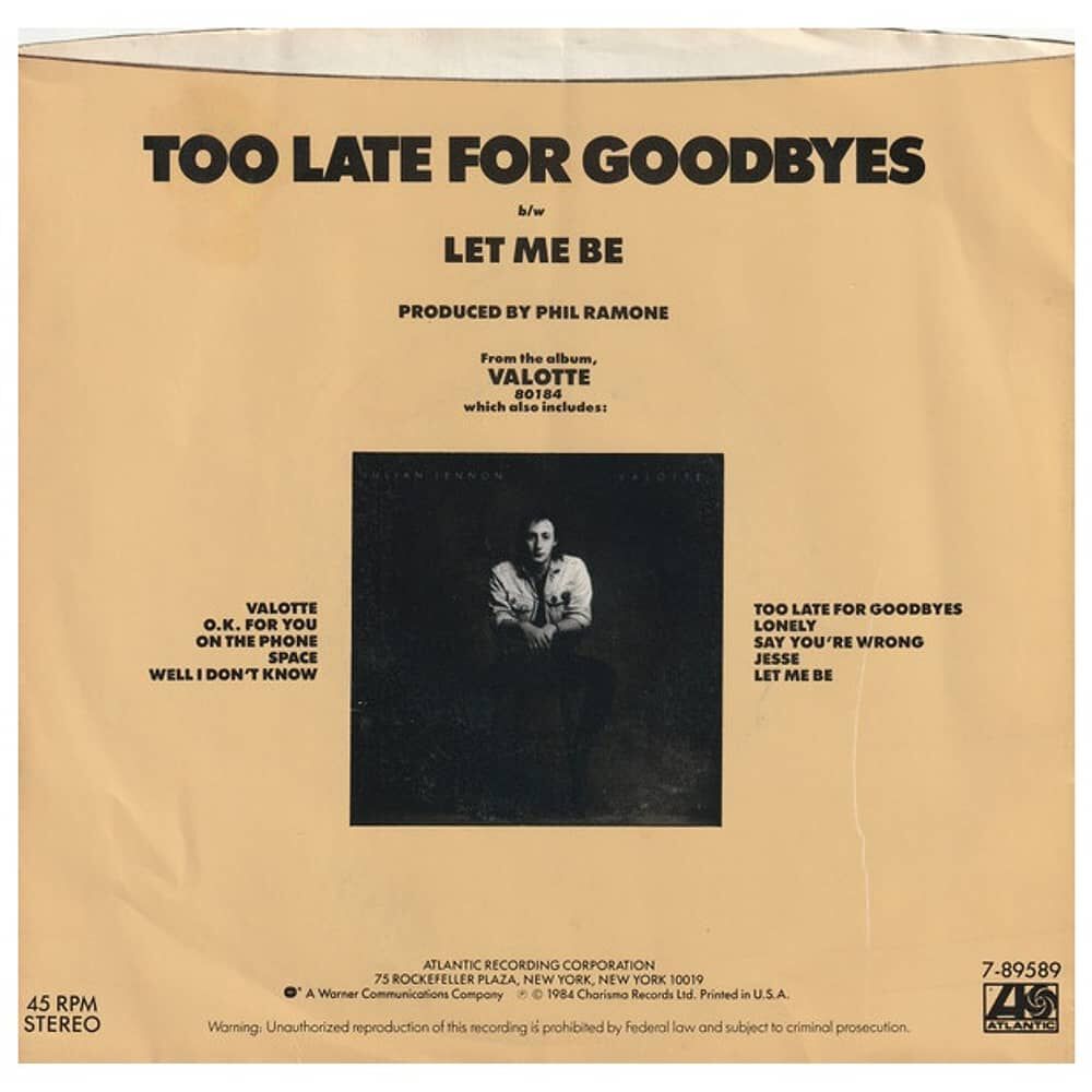 Julian Lennon - Too Late For Goodbyes | 7" Single Usado image number 3.0
