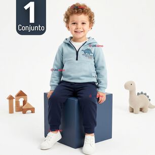 Conjunto 2 Piezas Buzo Pantal&oacute;n Y Poler&oacute;n Con Capucha Azul Dinosaurio Ni&ntilde;o