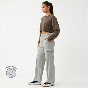 Pantalon Buzo Cargo Mujer Wide Leg Tiro Alto Con Cord&oacute;n