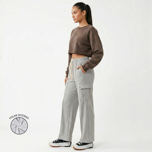 Pantalon Buzo Cargo Mujer Wide Leg Tiro Alto Con Cord&oacute;n
