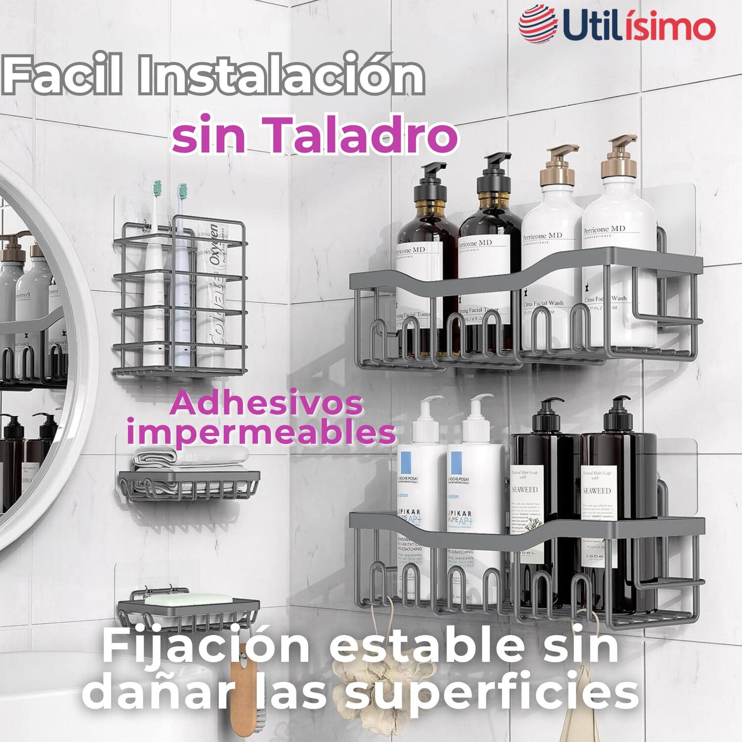 Set Organizador De Ducha 5 Piezas Acero Inoxidable Instalaci&oacute;n Adhesiva image number 3.0