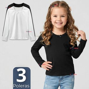 Pack 3 Camisetas Poleras Algod&oacute;n Cuello Redondo Primera Capa Manga Larga Colores Surtidos Ni&ntilde;a