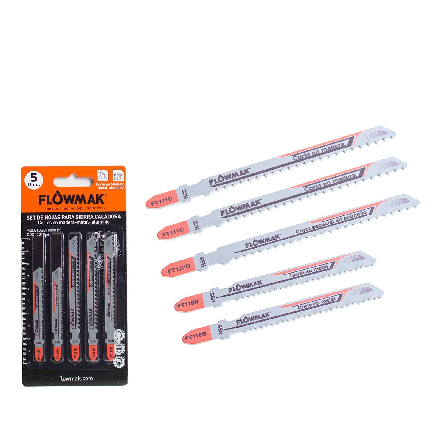 Set Hojas Caladora Madera Metal Aluminio5 Piezas Flowmak image number 0.0