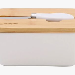 Mantequillero De Cer&aacute;mica Con Tapa Bamboo + Cuchillo 600 Ml
