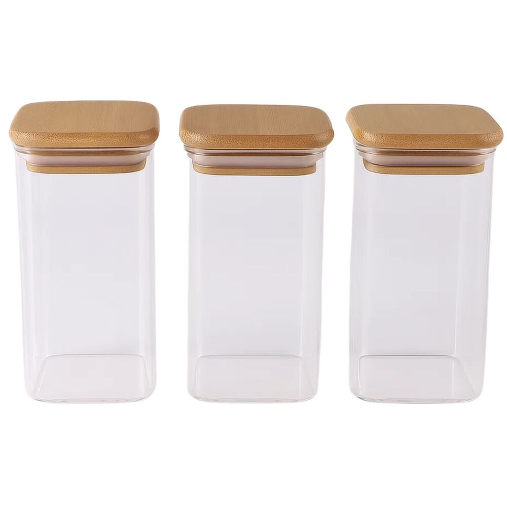 Set 3 Frasco Hermetico 700ml Vidrio Cuadrado 12cm Bambú image number 0.0