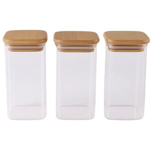 Set 3 Frasco Hermetico 700ml Vidrio Cuadrado 12cm Bambú