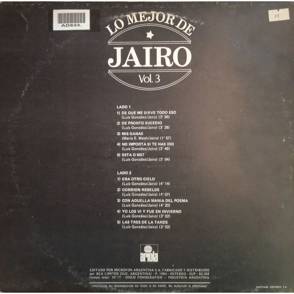Jairo - Lo Mejor Vol.3 | Vinilo Usado image number 1.0