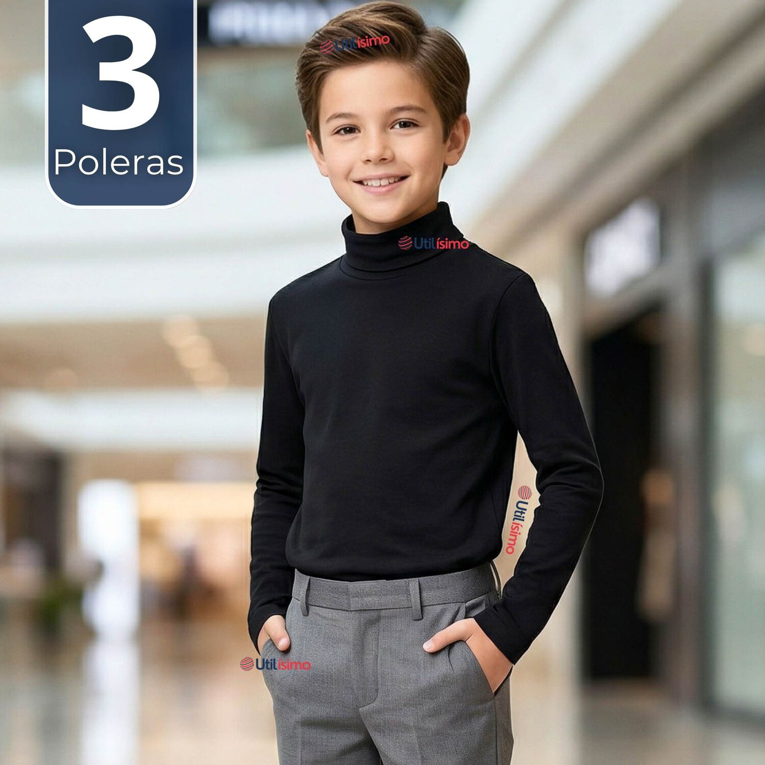 Pack 3 Poleras Camisetas Polar Negras Primera Capa Beatle Manga Larga Ni&ntilde;o image number 0.0