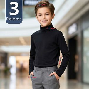 Pack 3 Poleras Camisetas Polar Negras Primera Capa Beatle Manga Larga Ni&ntilde;o
